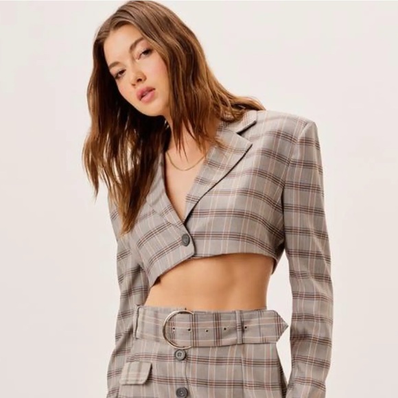 For Love and Lemons Kym Crop Blazer Grey Plaid NWT - Picture 3 of 13
